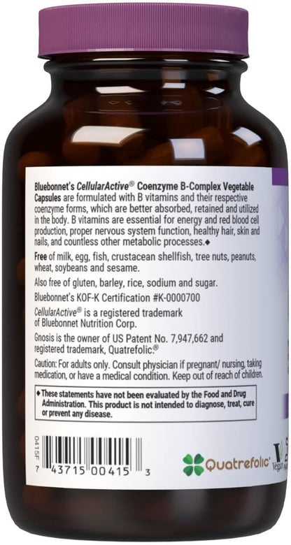 Bluebonnet Nutrition Cellular Active Coenzyme B-Complex – Energy Metabolism & Nervous System Support, Vegan, Kosher, 100 Vegan Capsules