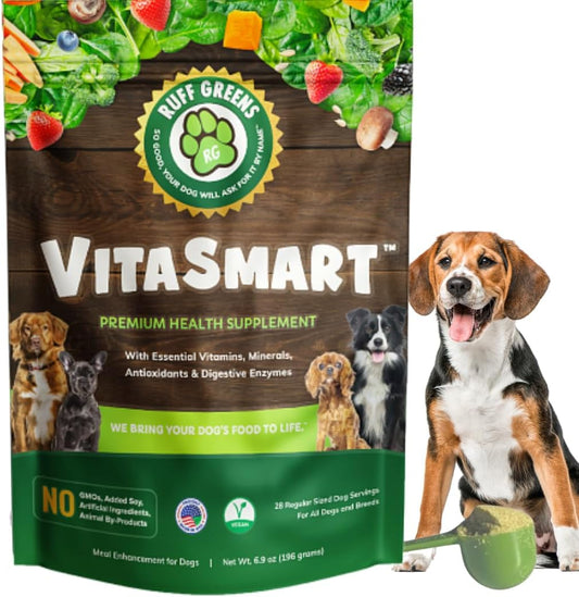 Ruff Greens VitaSmart Dog Food Topper Powder – 25 Vitamins & Minerals, 15 Probiotics & 20 Digestive Enzymes – Gut, Immune, Skin & Mobility Support – 196 g