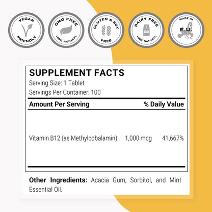 Supersmart Methylcobalamin B12 1000mcg Sublingual Tablets – Peppermint Flavour, 100 Count