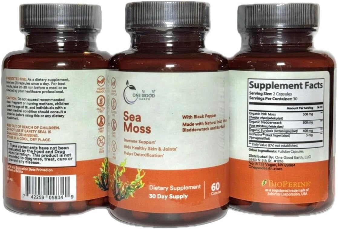 One Good Earth Sea Moss Capsules with Irish Moss, Bladderwrack, Burdock, Black Pepper, and Essential Vitamins & Minerals (60 Capsules) - görsel 4