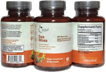 One Good Earth Sea Moss Capsules with Irish Moss, Bladderwrack, Burdock, Black Pepper, and Essential Vitamins & Minerals (60 Capsules)