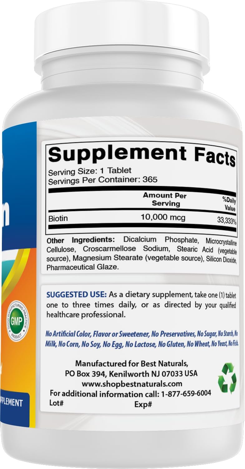 Best Naturals Biotin 10,000 mcg - 365 Tablets - görsel 6
