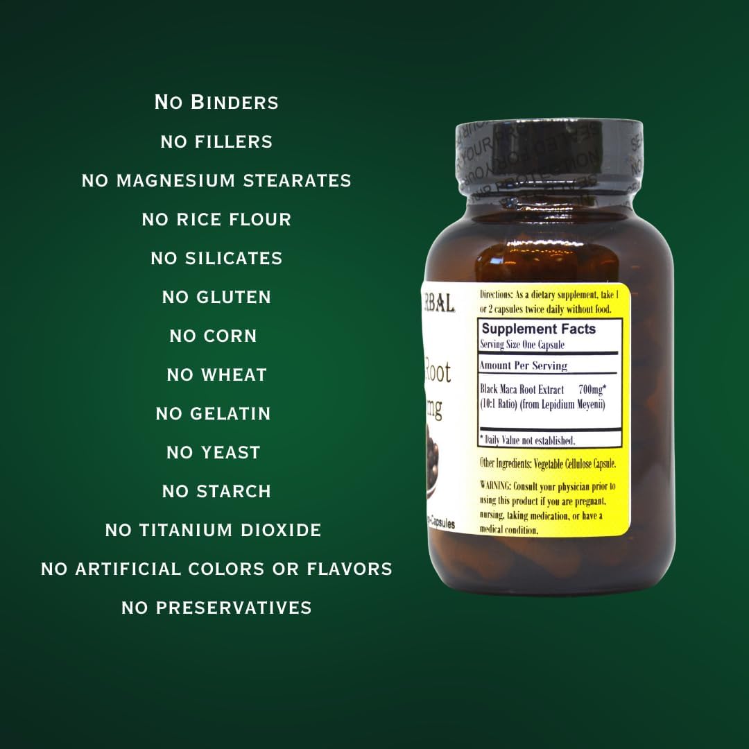 Barlowe's Herbal Elixirs Black Maca | Peruvian Maca Root Extract | 700 mg per Capsule | 60 Veggie Capsules (Vegan, Kosher, Halal) | Glass Bottle | Third Party Tested - görsel 4