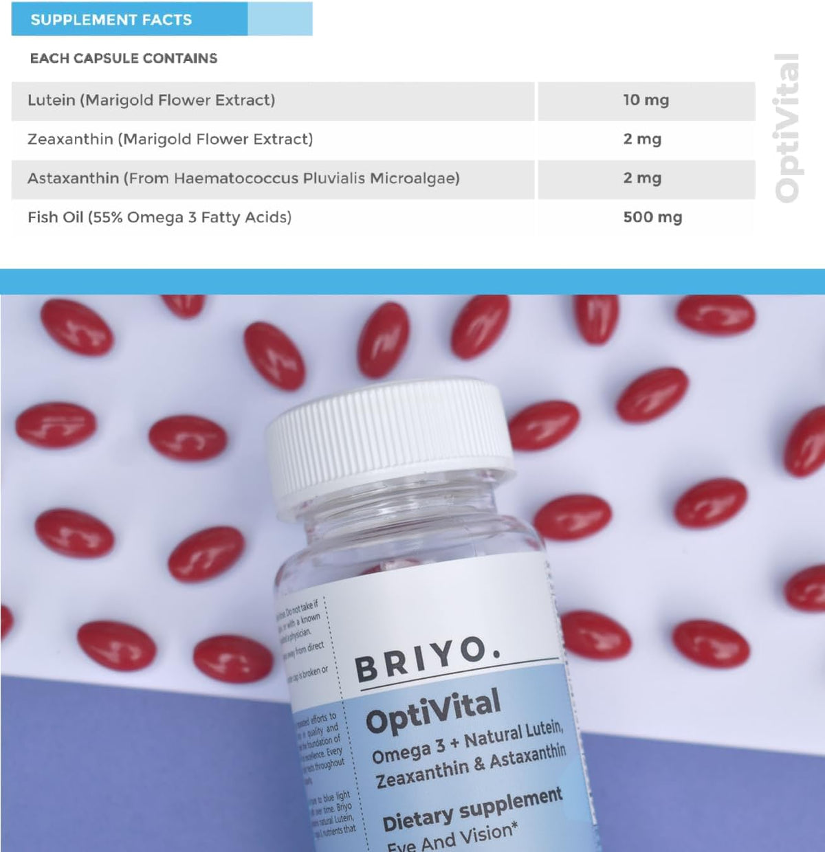 Briyo OptiVital Eye Health Supplement – Natural Lutein, Zeaxanthin, Astaxanthin & Omega-3 – 60 Capsules - görsel 3