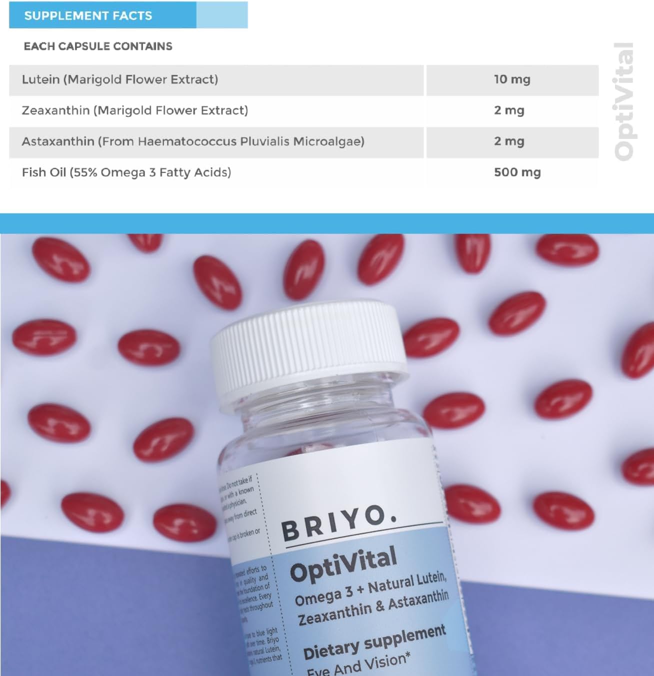 Briyo OptiVital Eye Health Supplement – Natural Lutein, Zeaxanthin, Astaxanthin & Omega-3 – 60 Capsules - görsel 3