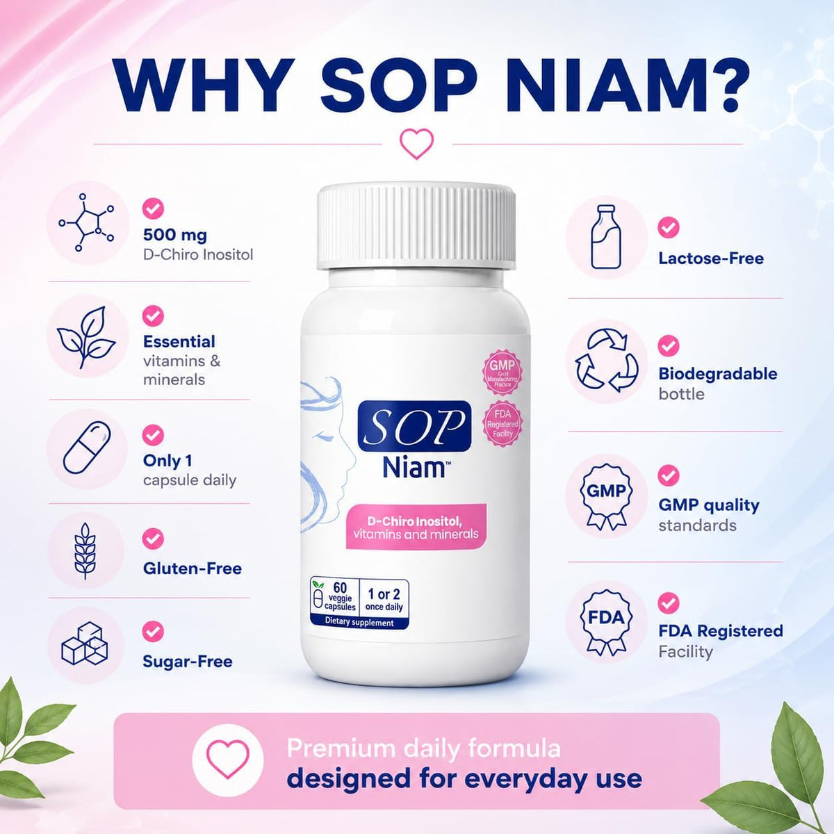 SOP NIAM D-Chiro Inositol 500mg for Women with Folic Acid, Vitamin D3, B6, B12, Biotin - 60 Vegan Capsules - görsel 6