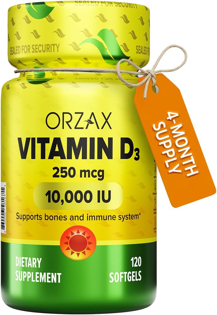 ORZAX Vitamin D3 10000 iu (250 mcg) – Non-GMO, Gluten-free, Sugar Free, Dairy-free – 120-Day Supply for Strong Muscle Function & Immune Support – Mood Supplement for Wellness (120 Soft gel capsule) - görsel 1