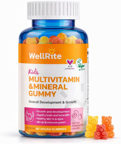 Kids Multivitamin Gummies – Wellrite Vitamin & Mineral for Growth & Immunity, Vegan, Gelatin Free, Gluten-free, Nut Free, 60 Count, Strawberry & Lemon Flavour
