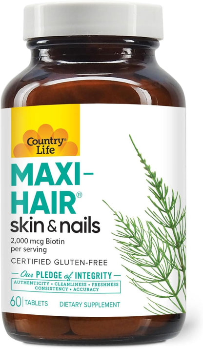 Country Life Maxi-Hair Supplement - 2000mcg Biotin for Hair, Skin and Nails - Certified Gluten-Free and Vegetarian - 60 Tablets
