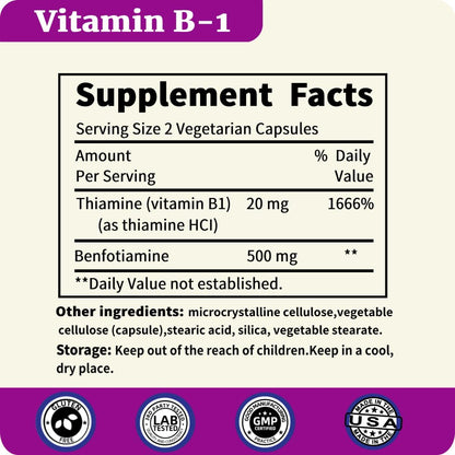 Benfotiamine 500mg | 120 Vegetarian Capsules | Fat-Soluble Thiamine Vitamin B1 | Supports Normal Nervous System Function | Non-GMO | Gluten-free