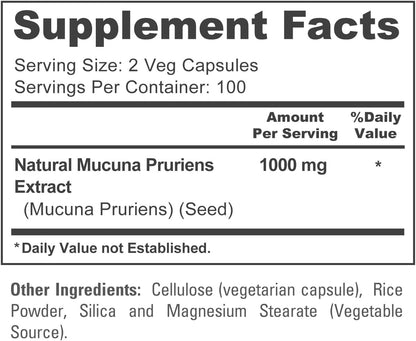 Mucuna Pruriens 1000mg 200 Veggie Caps (Non-GMO, 100% Vegetarian, Vegan)