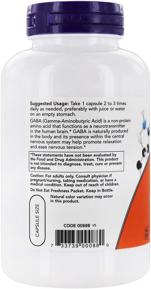 NOW Foods GABA with Vitamin B6, 500 mg, 200 Vegetable Capsules - görsel 3