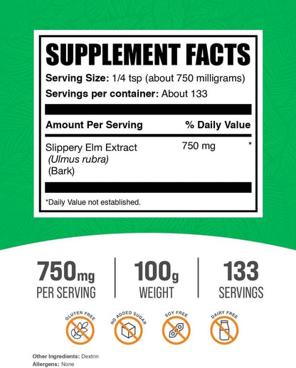 BulkSupplements Slippery Elm Bark Extract Powder - 750mg, 100g