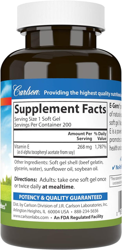 Carlson E-Gems Vitamin E 400 IU – Cardiovascular Health & Antioxidant Support, 200 Softgels