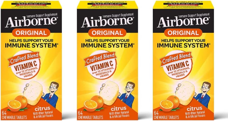 Airborne Vitamin C 1000mg (per serving) - Citrus Chewable Tablets (64 tablets per box, 3-pack) - Gluten-Free Immune Support Supplement - görsel 1