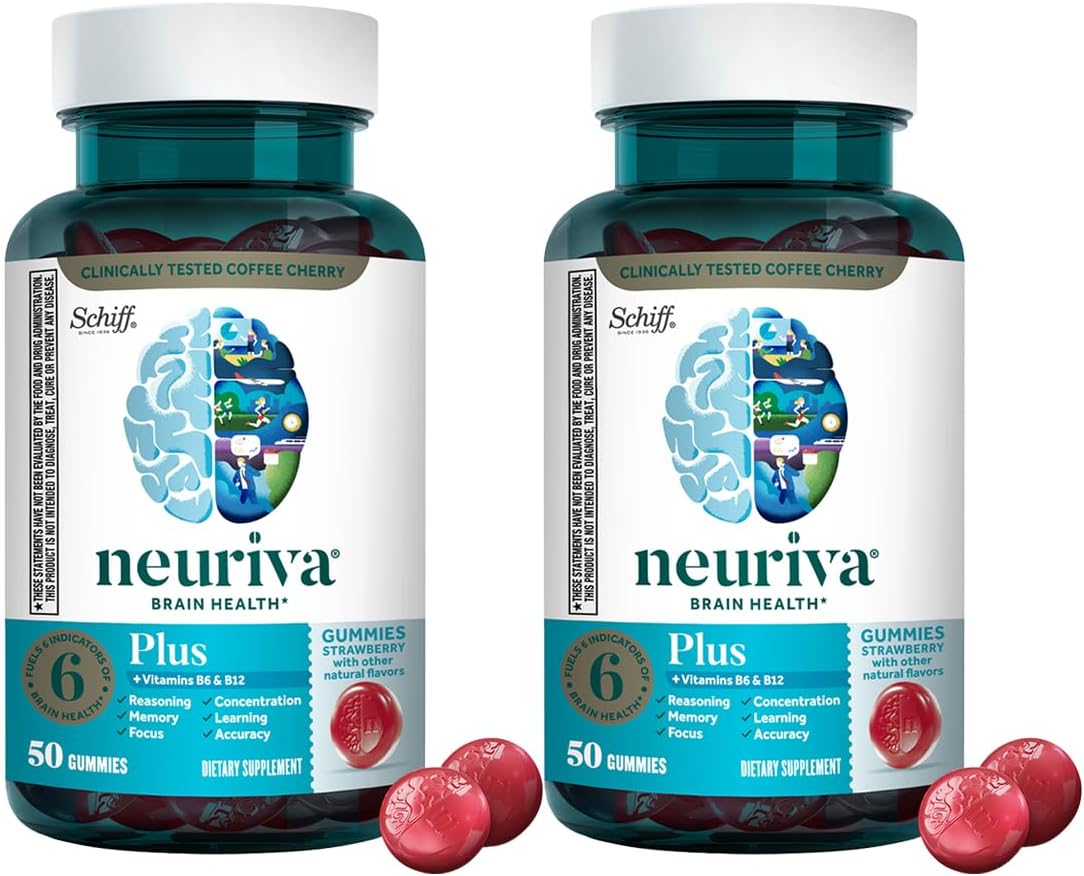 NEURIVA Plus Decaff Nootropic Brain Supplement Gummies, Strawberry, 50 Count (Pack of 2) - görsel 1