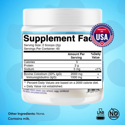 Vitamatic Bovine Colostrum Powder - 50% IgG, Unflavoured - 120g (60 Servings)