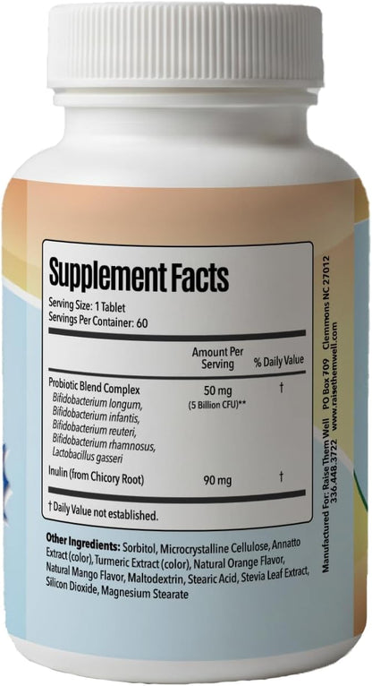 Raise Them Well Children’s Probiotic – Chewable Gut Health Tablets for Kids, Orange Mango, 60 Servings
