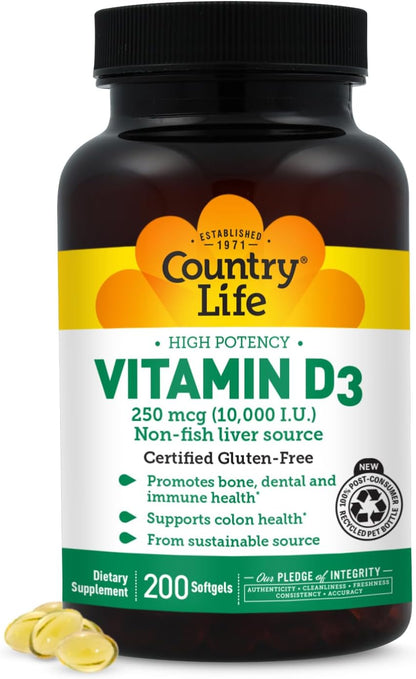 Country Life Vitamin D3 10,000 IU – High Potency Non-Fish Source – Bone and Immune Support – Certified Gluten-Free – 200 Softgels