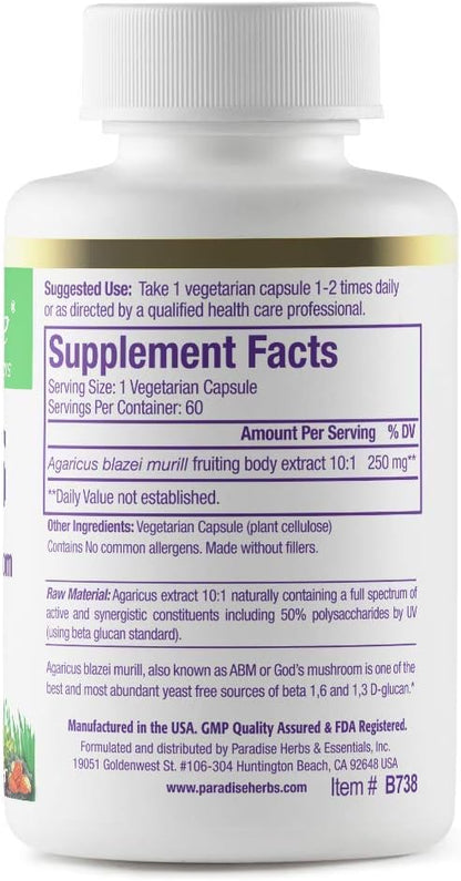 Paradise Herbs Beta Glucans, from Yeast-Free Agaricus Mushrooms, Vegan, Non-GMO, Gluten-Free, 60 Vegetarian Capsules