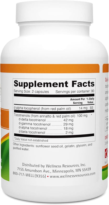 Wellness Resources Daily Super E Tocotrienol Complex - Full Spectrum Vitamin E with Delta, Gamma & Alpha Tocotrienols for Antioxidant Protection, Soya-Free, Natural Source (180 Capsules)