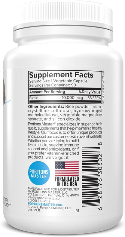 Portions Master Biotin 10000mcg, Hair, Nails and Skin - 90 Vegetarian Capsules