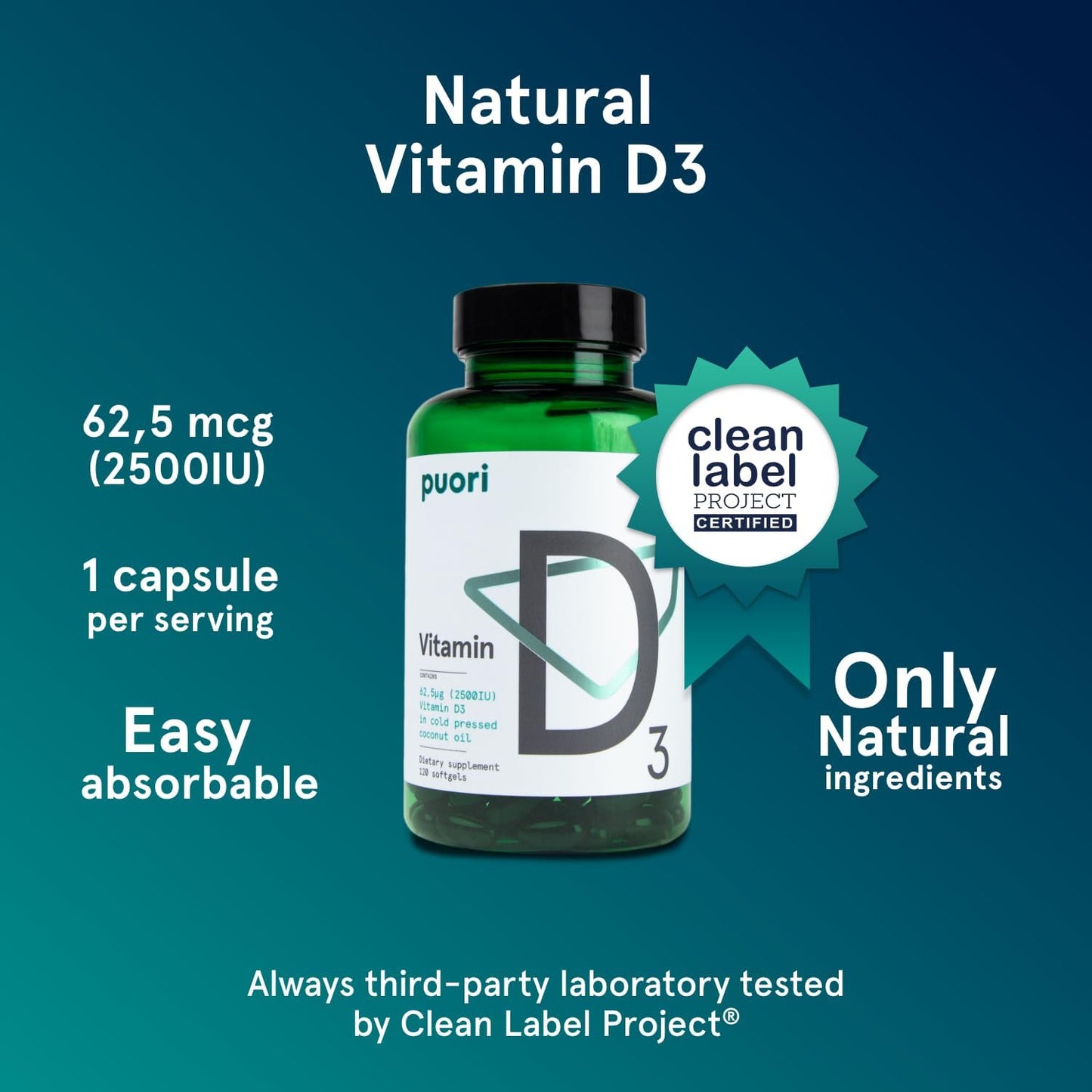Puori Vitamin D3 Softgels, 2500 IU (62.5 mcg) - Fast Absorbing Vitamin D3 Supplement for Immune Support, Bone Health & Muscle Function - Non-GM & Gluten-Free - 120 Softgels - görsel 2
