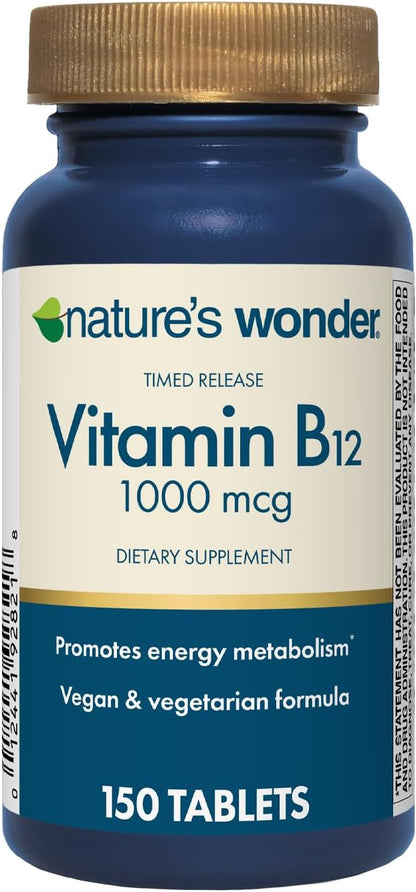 Nature's Wonder Vitamin B12 1000 mcg Timed Release Tablets for Energy Metabolism, Supports Normal Nervous System and Psychological Function, 150 Day Supply, 150 Tablets