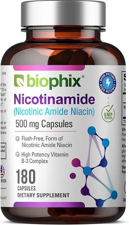 biophix B-3 Nicotinamide 500 mg, 180 Capsules – Flush-Free Vitamin B3 Supplement