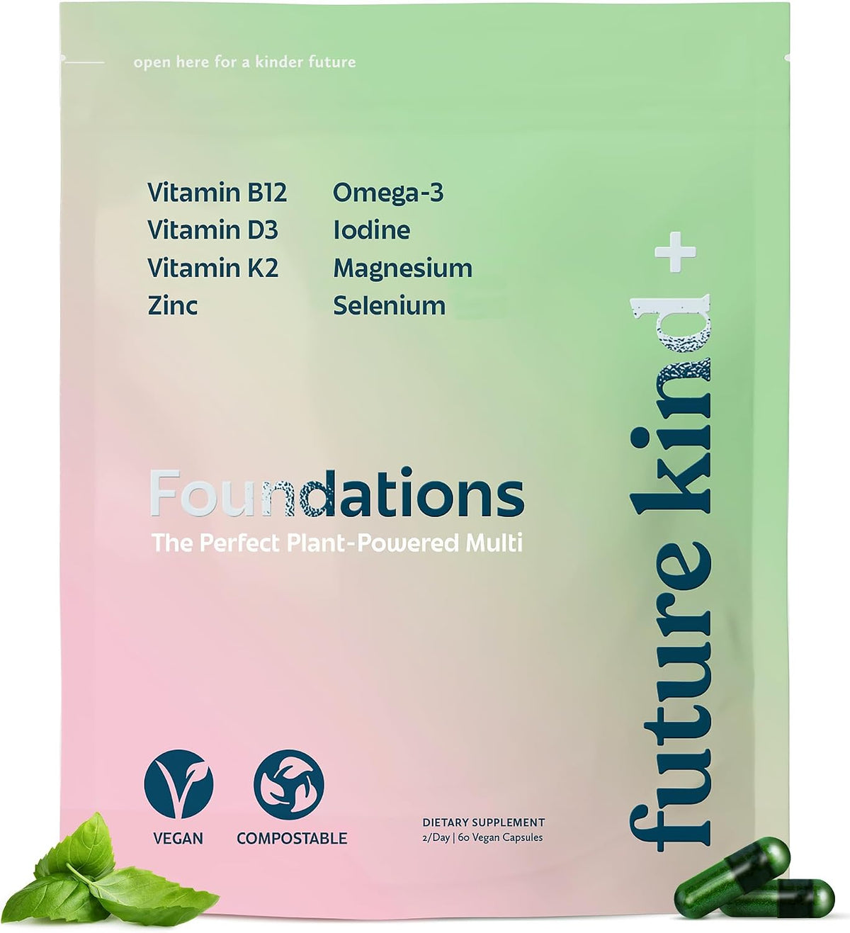 Future Kind Carrageenan-Free Foundations Multivitamin for Women and Men with Omega-3, B12, D3, Zinc, Iodine, Magnesium, K2 and Selenium, Vegan, Compostable Pouch (60 Capsules) - görsel 1