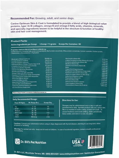Dr. Bill's Canine Optimum Skin & Coat Supplement – Omega-3, Collagen, Biotin & Hyaluronic Acid – 680g