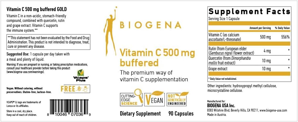 Biogena Vitamin C 500 mg Buffered Gold – Stomach-Friendly Vitamin C Complex with Quercetin & Rutin – 90 Capsules - görsel 2