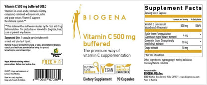 Biogena Vitamin C 500 mg Buffered Gold – Stomach-Friendly Vitamin C Complex with Quercetin & Rutin – 90 Capsules
