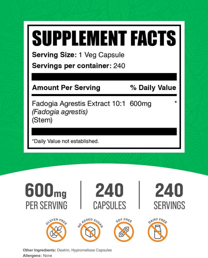 BulkSupplements.com Fadogia Agrestis 600mg Capsules – Traditional Vitality Support, Vegan, 240 Vegetarian Capsules