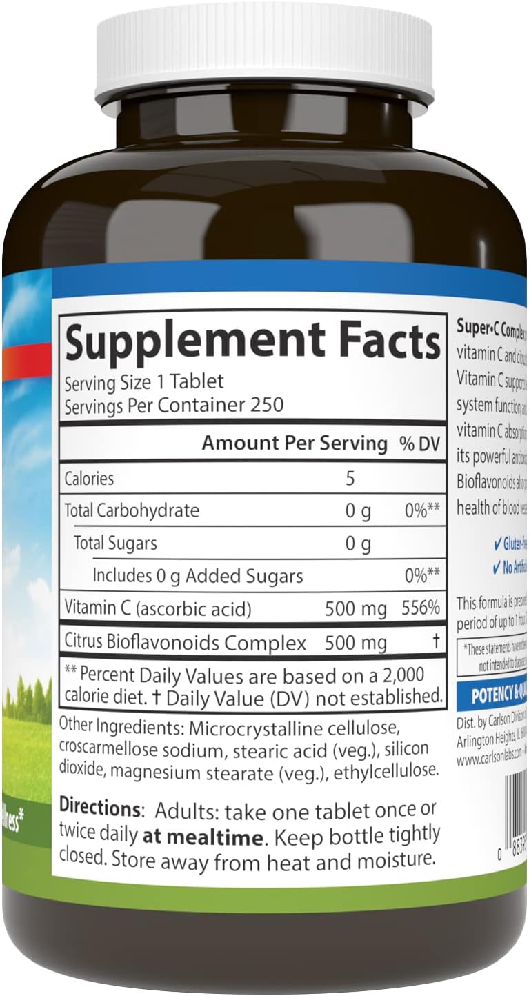Carlson Super-C Complex - Vitamin C & Citrus Bioflavonoids, 250 Vegetarian Tablets - görsel 2