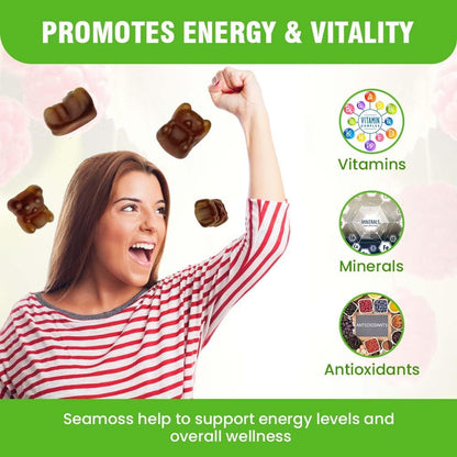 Safrel Irish Sea Moss Gummies 3000mg with Bladderwrack and Burdock Root, Thyroid Energy and Immune Support, Vegan Raspberry Flavour, 60 Gummies
