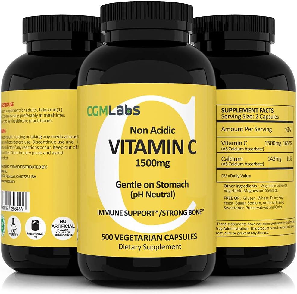 CGMLABS Non Acidic Vitamin C Food Supplement 1500mg with Calcium - Gentle on the Stomach, Immune & Bone Support (500 Capsules) - görsel 9