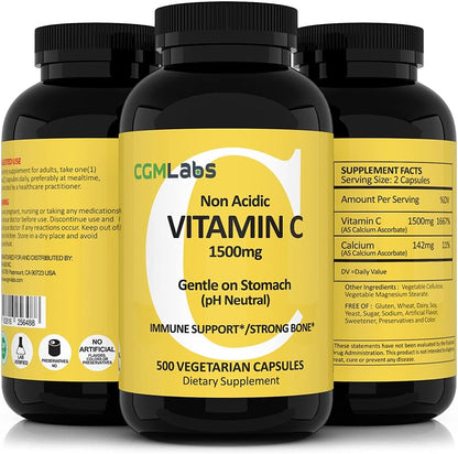 CGMLABS Non Acidic Vitamin C Food Supplement 1500mg with Calcium - Gentle on the Stomach, Immune & Bone Support (500 Capsules)