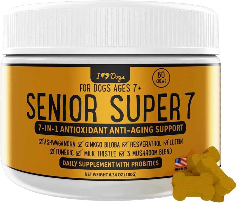 iHeartDogs Senior Super 7 Daily Dog Multivitamin - 7-in-1 Vitamin for Dogs Supports Anti-Ageing with Antioxidants, Probiotics, Lion's Mane, Turkey Tail, & Ashwagandha for Longevity & Cognitive Boost - görsel 1