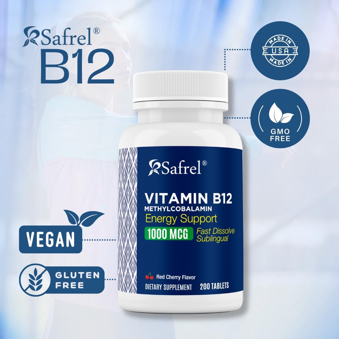 Safrel | Vitamin B12 Methylcobalamin | 1000 mcg | Fast Dissolve Tablets | 200 Count | Supports Normal Energy-Yielding Metabolism | Sublingual, Cherry Flavour, 200 Day Supply - görsel 2