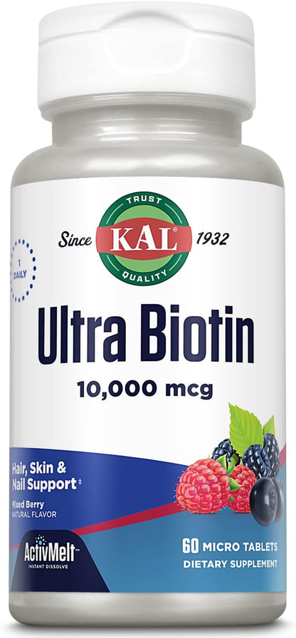 KAL Ultra Biotin 10000mcg - Biotin Hair Supplement for Women and Men - High Potency Vitamin B7 - Healthy Hair, Skin and Nails, Cellular Energy Support - Natural Berry Flavour - 60 Micro Tablets