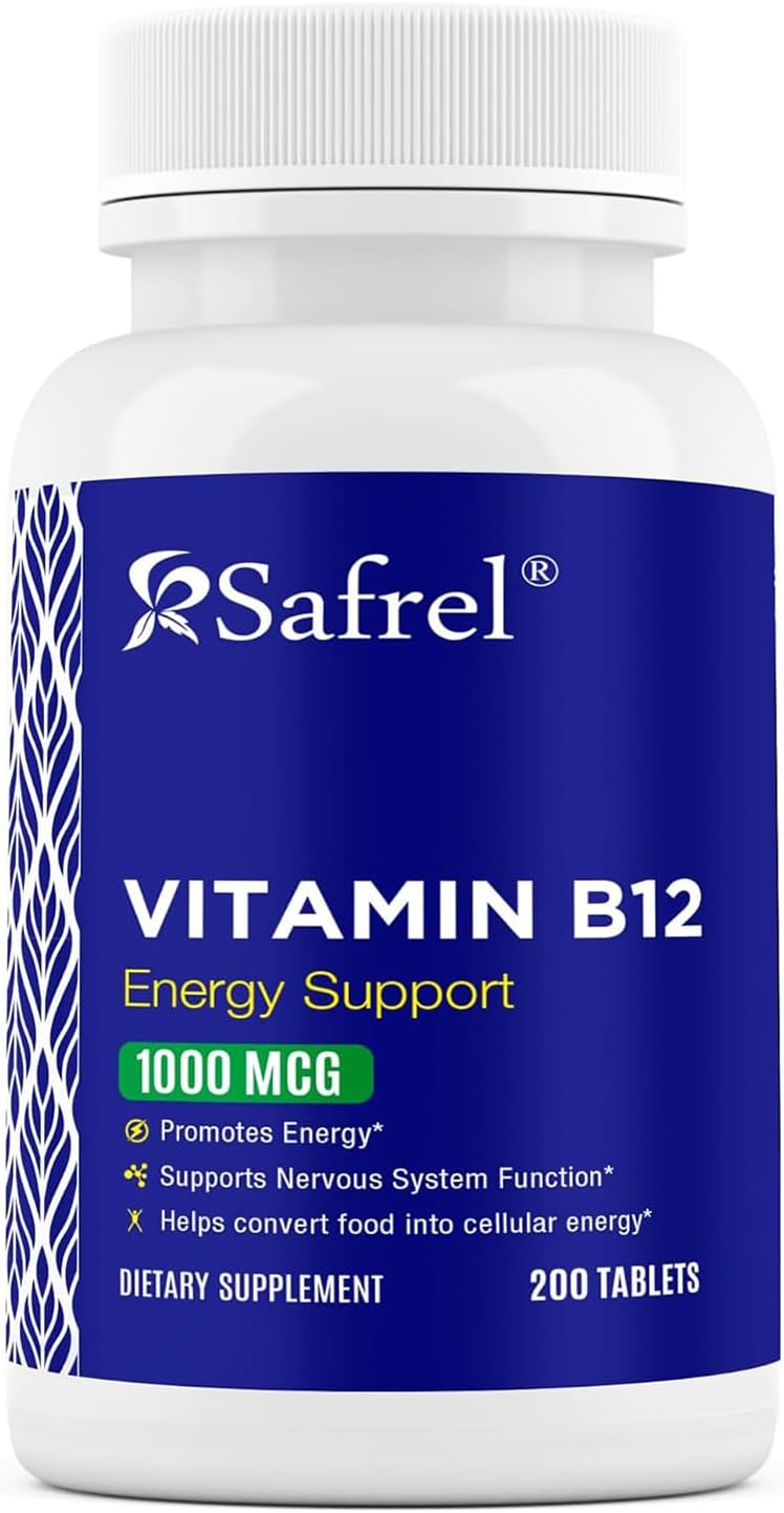 Safrel Vitamin B12 1000 mcg Tablets – 200 Tablets – Vegan, Gluten-Free, Dye-Free - görsel 1