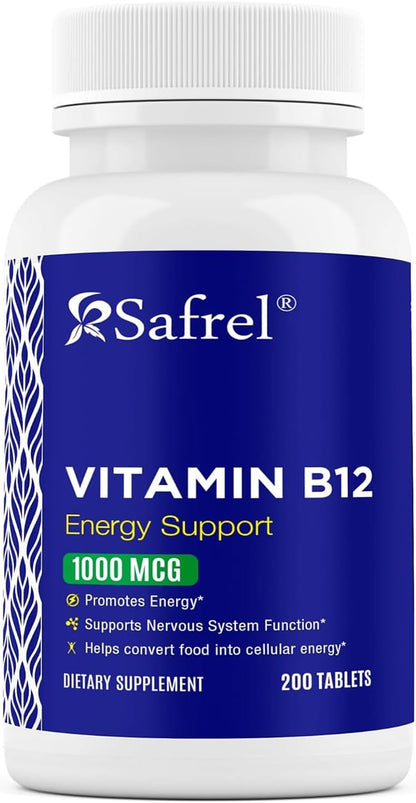 Safrel Vitamin B12 1000 mcg Tablets – 200 Tablets – Vegan, Gluten-Free, Dye-Free
