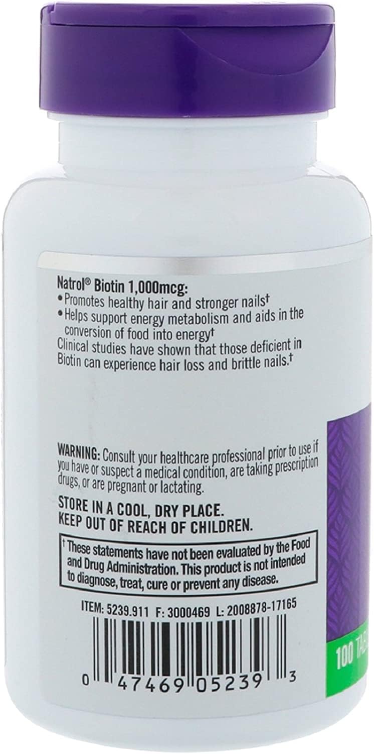 Natrol Biotin, Maximum Strength, 10,000 mcg Tablets, 100 Tablets (Pack of 4) - görsel 3