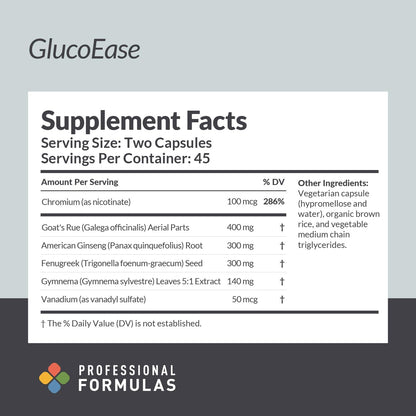 Professional Formulae GlucoEase – Herbal and Mineral Supplement for Normal Glucose Metabolism – 90 Capsules