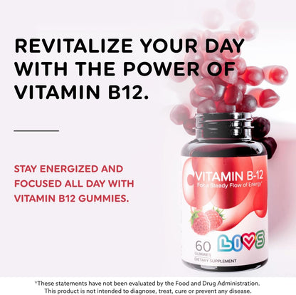 LIVS Vitamin B12 Gummies - Vegan Methylcobalamin 1500mcg - Energy, Metabolism & Nerve Support - Raspberry Flavour - 60 Count