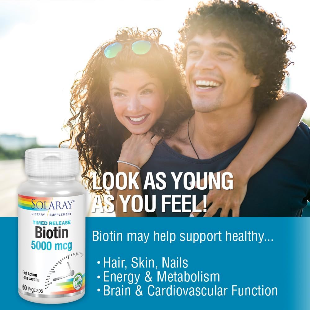 Solaray Timed-Release Biotin 5000 mcg – Hair, Skin & Nails Vegan Capsules - görsel 4