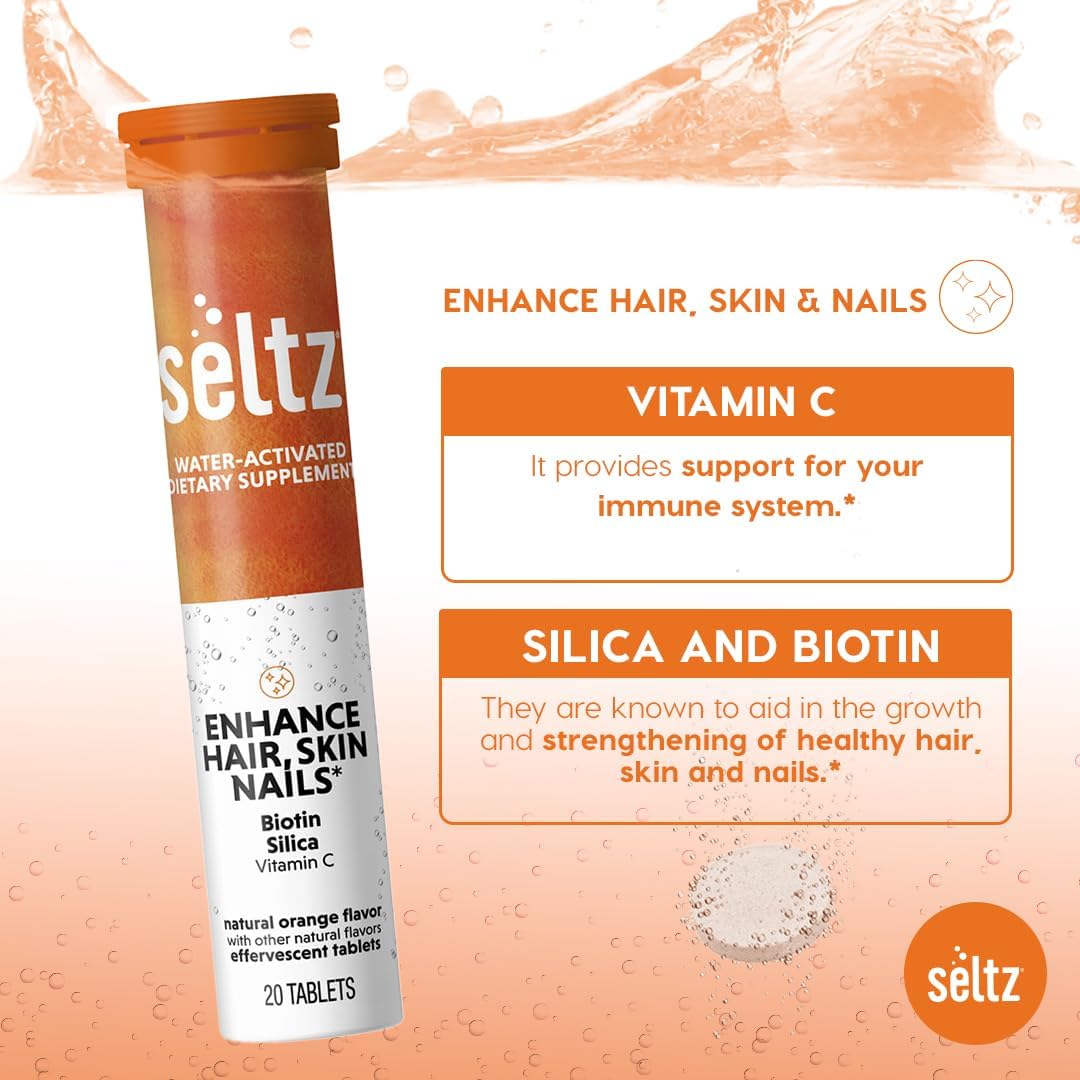Seltz Hair, Skin and Nails Drink Tablets – Biotin Food Supplement with Vitamin C and Silica, Effervescent, No Added Sugar, Blood Orange Flavour, 6 Pack - görsel 7