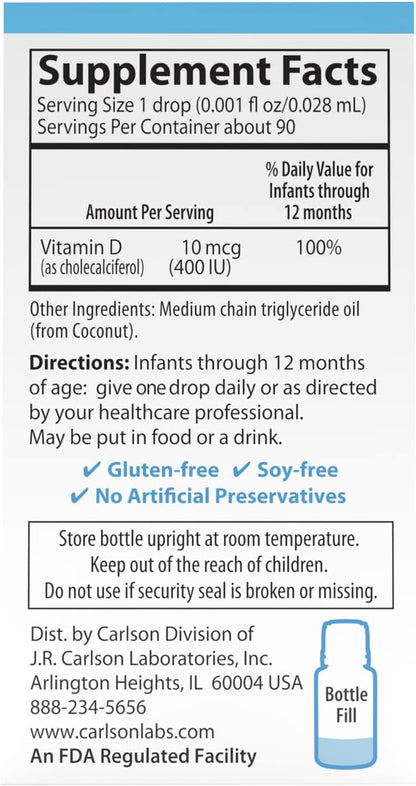 Carlson Super Daily D3 for Baby – Liquid Vitamin D3 Supplement, 2.5 ml