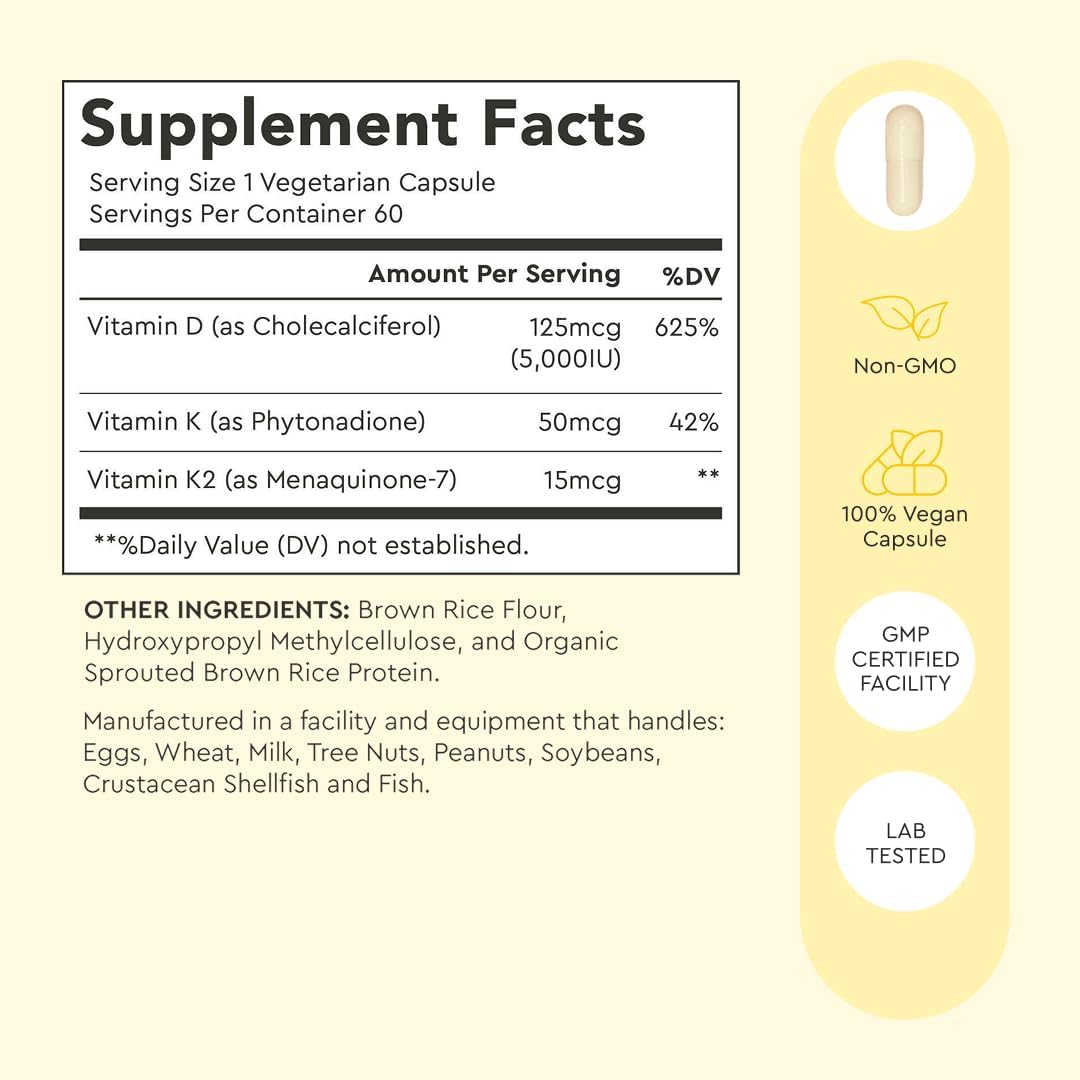 Alaya Naturals Vitamin D3 K2 Supplement – 5000 IU D3, 50 mcg K1, 15 mcg K2 MK-7 – High Absorption Capsules for Bone & Immune Support, Non-GMO, Vegetarian – 60 Count - görsel 2